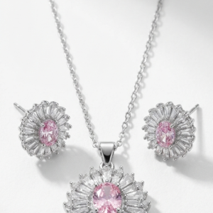 Elegant Pink Crystal Sunburst Jewelry Set – Silver-Plated Necklace & Stud Earrings