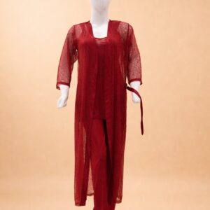 Red Sheer Lace Robe Set – Inner Top & Matching Trousers