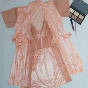 Elegant Peach Satin & Floral Lace 2-Piece Nightgown and Robe Set