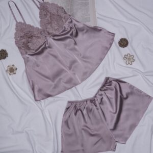 Mauve Satin & Floral Lace 2-Piece Cami and Shorts Pajama Set