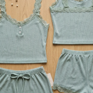 Sage Green Ribbed Pajama Set with Lace Trim