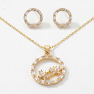 Gold Plated Butterfly Circle Pendant Necklace & Stud Earrings Set