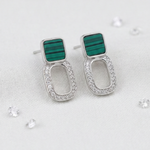 Emerald Green Malachite Geometric Drop Earrings in Silver with Cubic Zirconia Accents